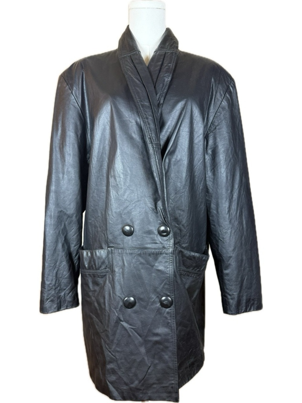 Vintage COMINT Black Genuine Leather Long Maxi Full Length Coat Jacket size L